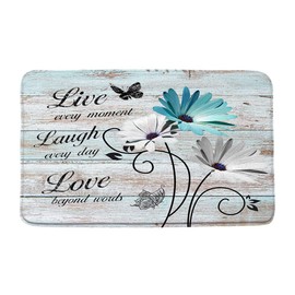 Farmhouse Floral Bath Mat Rustic Teal Daisy Flower Inspirational Quotes Butterfly Country Barn Wooden Turquoise Blue Bathroom Microfiber Memory Foam Bathroom Rug Doormat Kitchen Toilet Floor Rug