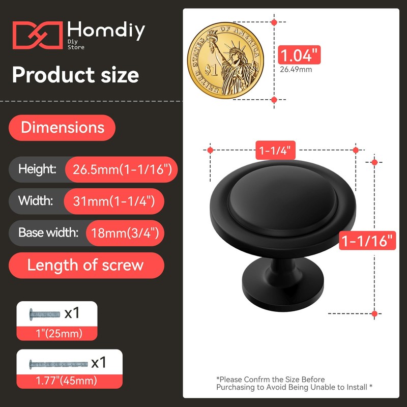 homdiy 10 Pack Matte Black Cabinet Knobs, Round Kitchen Drawer
