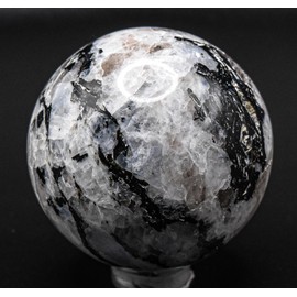 46mm 145g Blue Flash Rainbow Moonstone w/Black Tourmaline Carved Sphere Polished Natural Sparkling Collectible Feldspar Gemstone Crystal Mineral Décor Ball - India + Stand