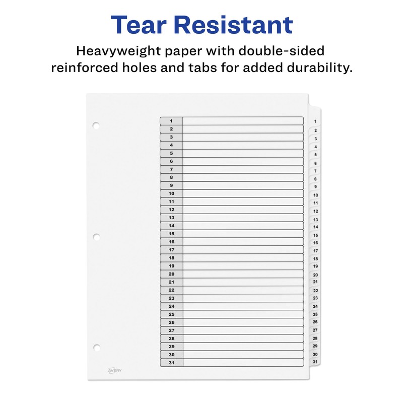 Avery Ready Index Classic Tab Titles, 31-Tab, 1-31, 8.5 X