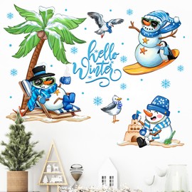 Mfault Hello Winter Beach Snowman Wall Decals Stickers, Coastal Coconut Tree Penguin Seagull Decorations Bedroom Art, Hawaii Seasonal Nautical Snowflake Christmas Home Kitchen Decor