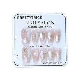 Purely Handmade Press On Nails Magic Gold Flase Nails Salon Effect Nails Young for Women 10 Pieces (Caramel latte, M)