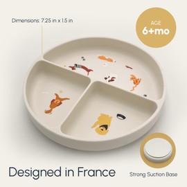 Silicone Suction Plates with Dividers - Grip Plates for Babies 6-12 Months and Toddlers 1-3, Toddler and Baby Dishes, Baby Led Weaning Essentials, Dishwasher Safe (Beige - Dogs and Cats)
