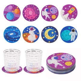 Boutigem 8Pcs Space Theme Diamond Painting Coaster 5D Diamond Non-Slip Cup Mat Cork Rhinestone for Beginners Adults DIY Art Craft Supplies
