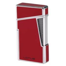 Lotus Apollo Cigar Lighter with Double Wind-Resistant Torch Flames, All Metal Housing, Integrated Cigar Punch, Large Flame Adjuster (Red Lacquer & Polished Chrome)