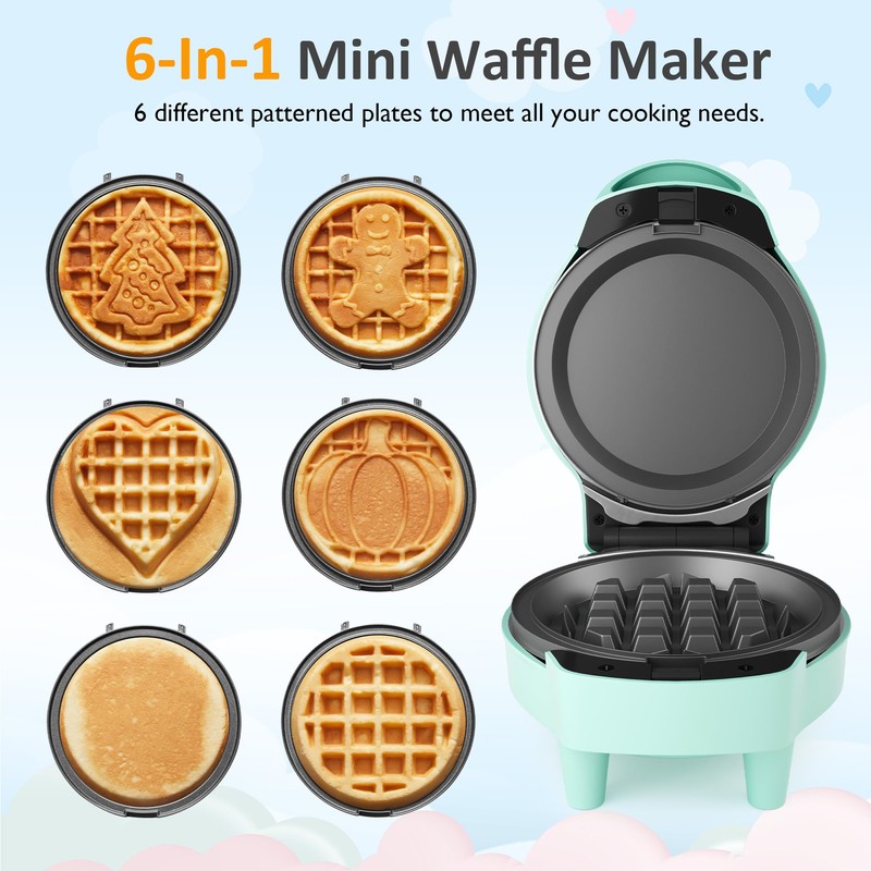 4" Mini Waffle Maker, 6 in 1 Waffle Iron, Waffle