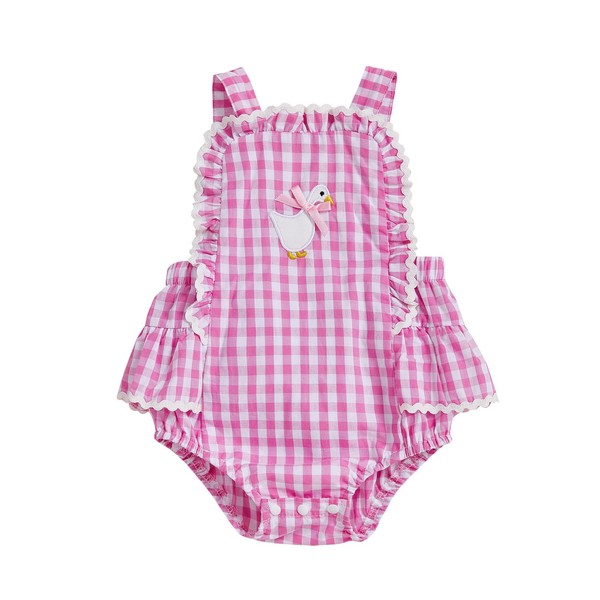 Baby Girl Summer Outfit Goose Embroidery Plaid Ruffled Trim Sleeveless