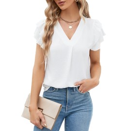 Blooming Jelly Womens Dressy Casual Shirts Short Sleeve V Neck Work Blouse Business Casual Summer Tops 2024(Small, White)