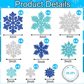JULMELON 40 PCS Snowflake Ornaments for Christmas Tree, Blue Silver Plastic Glitter Snowflakes Decorations, Xmas Holiday Snowflakes, Winter Wonderland Party Snowflakes Ornaments for Tree