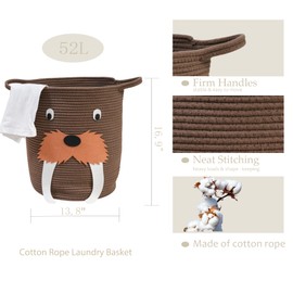 52L Cotton Rope Laundry Basket for Nursery & Kids - Woven Storage Hamper with Handles, Cute basket for Blankets, Clothes, Pillows (Brown)