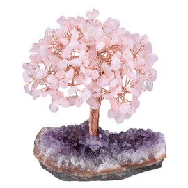 TUMBEELLUWA Natural Crystal Chips Money Tree for Good Luck and Wealth Handmade Stones Figurine Bonsai Tree with Natural Amethyst Cluster Base, Rose Quartz