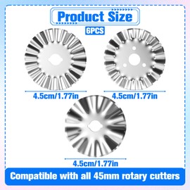 45mm Pinking Rotary Cutter Blades, 6 Pcs Wave Rotary Blades Replacement Set, Decorative Blade Fabric Paper Cutting Tool for Quilting, Sewing, Arts and Crafts