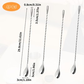 Set of 4 bar spoons, cocktail spoons, long cocktail spoons, muddler cocktail, cocktail pestle, cocktail accessories, bar accessories, cocktail bartender, ideal for mixing and storing drinks.