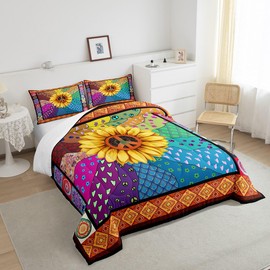 Castle Fairy Peace Sign Comforter Set,Bohemian Geometry Bedding Set for Kids Girls Women,Adults Colorful Stripes Comforter,Yellow Sunflowers Quilted Duvet Set Bedroom Collection Twin Size 2Pcs