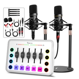 Podcast Equipment Bundle for 2, Streaming Audio Interface with 5 Channel, XLR Microphone Interface, RGB,48V Phantom Power, Perfect for Game,Podcast,Record,TikTok-White