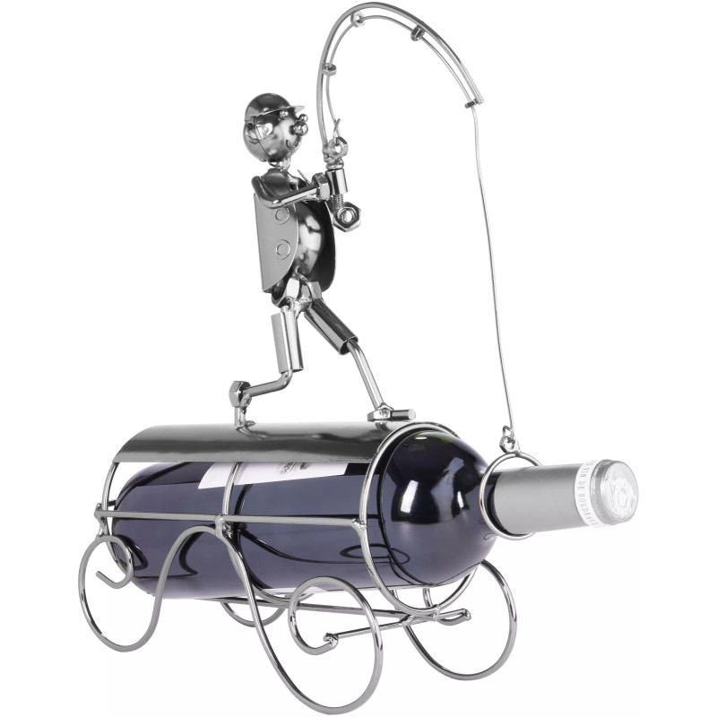 BRUBAKER Wine Bottle Holder 'Fisherman Catching Fish' - Metal Sculpture