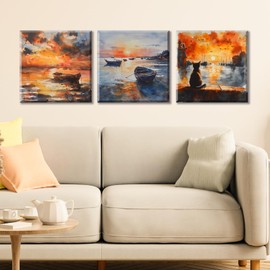 Piy Painting Canvas Pictures, Sunset Art Prints, Wall Pictures Living Room, Picture with Frame, Seascape, Kitten Painting, Easy to Hang for Bedroom, Living Room, Office, Cafe, 3 x 30 x 30 cm