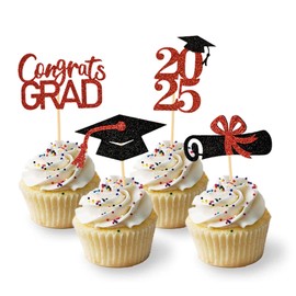 Graduation Decorations 2025-24Pcs Red Glitter 2025 Graduation Cupcake Toppers for Class of 2025 Party Decorations