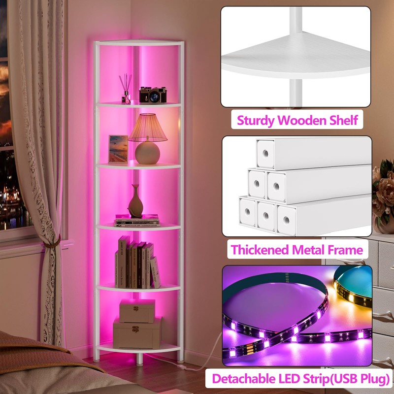 Furnulem 6 Tier Corner Shelf with LED Light, 67.5” Tall