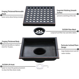 SEABEFORE Oil Rubbed Bronze Shower Drain Square Shower Drain 6 inch SUS304 Stainless Steel Shower Floor Drain with Tile Insert Grate Removable