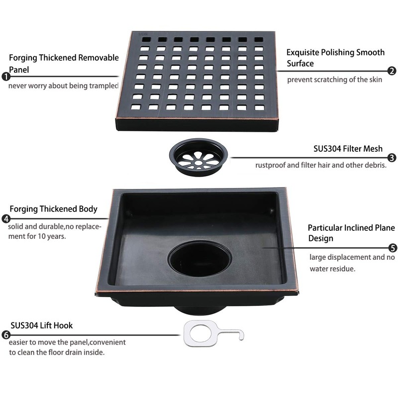 SEABEFORE Oil Rubbed Bronze Shower Drain Square Shower Drain 6