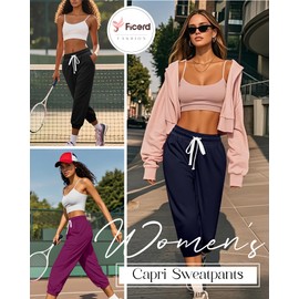 Ficerd 3 Pcs Women's Capri Sweatpants Joggers Casual Sports Cropped Lounge Pants High Waisted Athletic with Pockets (Black, Purple Red, Navy Blue,Medium)