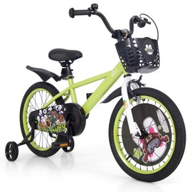 BABY JOY Kids Bike, 18 Inches Child Bike for 4-8 Years Old with Adjustable Height, Training Wheels, Storage Basket, Handbrake & Coaster Brake, Kids Bicycle for Girls Boys (Rabbit Pilot, Green)