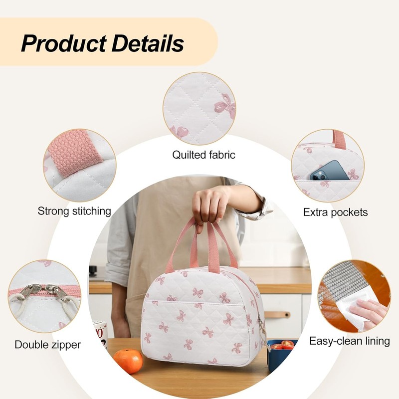 Bow Design Women's Insulated Lunch Tote with Compartments, Large Capacity