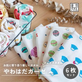 Oruta Gauze Towel, Made in Japan, Senshu Towel, Design, Set of 6, Thin, Quick Drying, 100% Cotton (Face Towel)