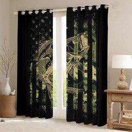 Green Black Camouflage Window Curtains Fish Camo American Flag Curtains for Bedroom Men Farmhouse Fishing Decor Blackout Curtains(30-50%) Wild Window Drapes (2 Panels, 42 x 63 Inch)