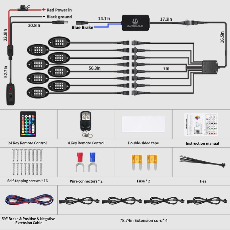LD DARKEAGLE 8Pods RGB LED Rock Lights Kit with APP/RF