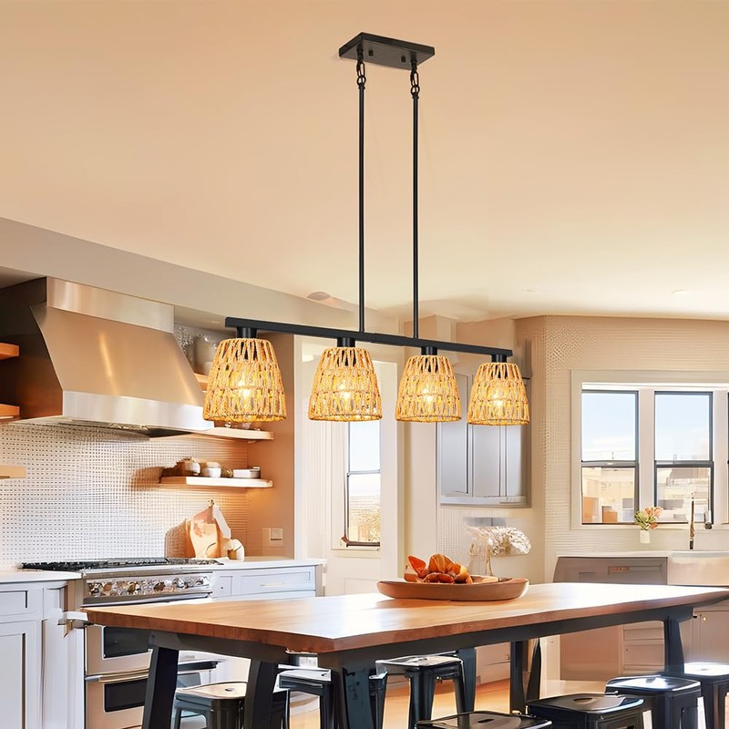Black 4-Light Kitchen Island Lighting, Boho Rattan Dining Room Light
