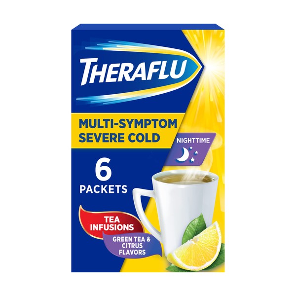 Theraflu Nighttime Multi-Symptom Severe Cold Hot Liquid Powder Green Tea and Citrus Flavors 6 Count Box