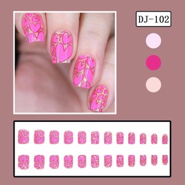 Cute Pink Love Heart Press on Nails Cartoon Fake Nails Glossy Short Square Acrylic False Nails Romantic Glue on Nails for Women