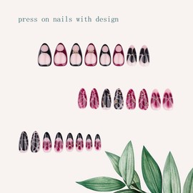 KTAABTR Short Press on Nails Flower Fake Nails with Glue Leopard Print Acrylic Nails Design Floral False Nails Stick on Nails for Woman Girls Almond Shaped Artificial Nails Decoration Set 24 Pcs