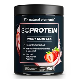 natural elements SoProtein Whey Protein Powder - Strawberry Flavour - 600 g - 23 g Protein per Serving - Ideal for Muscle Building, Perfect Solubility - Produced in Germany & Laboratory Tested