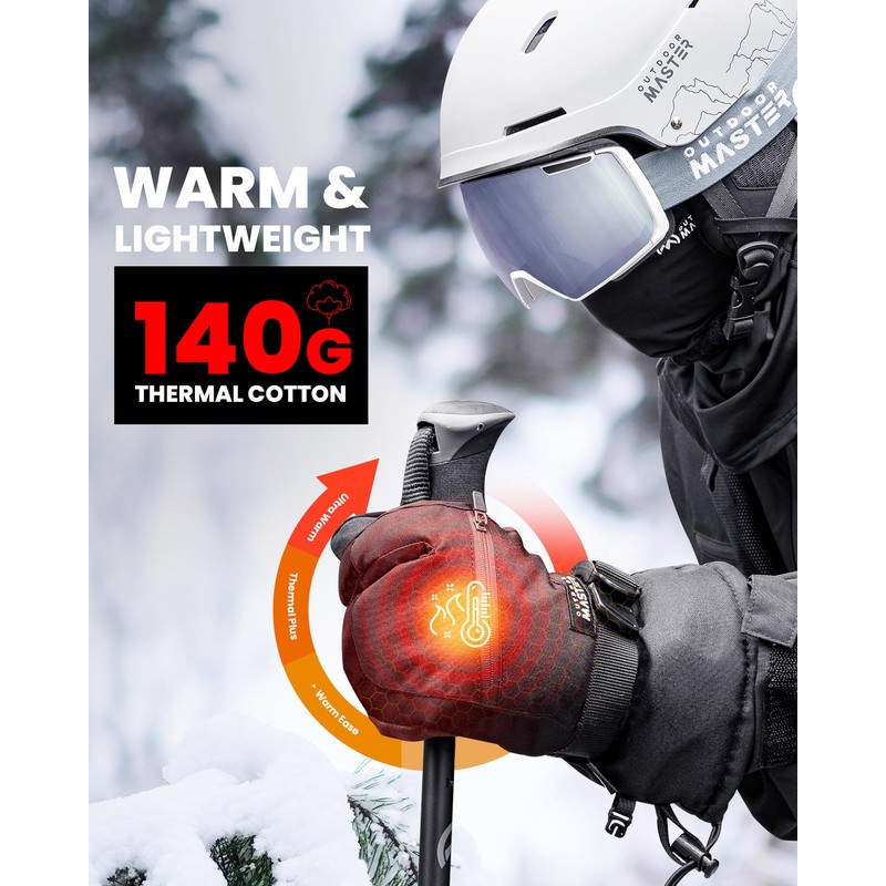OutdoorMaster 3-Finger Ski Gloves for Women & Men, Waterproof &