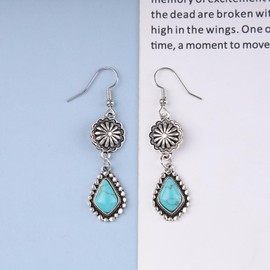 Cimenexe Bohemian Turquoise Drop Earrings Silver Flower Hook Earrings Tribal Turquoise Stone Earrings Ethnic Teardrop Turquoise Dangle Earrings Jewellery for Women and Girls, Alloy Steel Turquoise