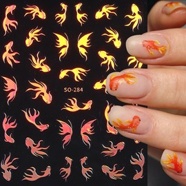 6 Sheets Summer Ocean Nail Decals for Nail Art Red Laser Gold Koi Nail Art Stickers 3D Self-Adhesive Octopus Jellyfish Fish Starfish Nail Decals Cute Marine Life Nail Supplies for Women Nail Decor