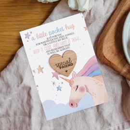 Unicorn Little Pocket Hug Token With Postcard for a Special Friend - Wooden Heart Keepsake - Thinking Of You Miss You Card