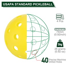 PATIKIL Outdoor Pickleball Balls, 40 Holes Pickleball 4 Pack Pickleball Balls for Amateurs Indoor and Outdoor Sport, Yellow