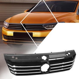 Factory Style Horizontal Slats Front Bumper Grille Grill w/Badge Slot Compatible with 12-15 VW Passat,Painted Black