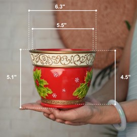 forkai Holiday Planters for Indoor Plants, Resin 6 Inch Plant Pot with Drainage, Succulent Pots with Holly Leaf Pattern, Christmas Decoration for Home Decor