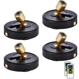 HOFUY 4-Pack Battery Powered LED Spotlight, Wireless Picture Lights, Uplighting Indoor, Puck Lights with Remote, Stick Spot Lights for Wall Art Display Dartboard Painting Artwork Closet Accent