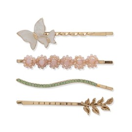 LONNA AND LILLY Gold Bobby Pins Set of 4, featuring gold finish, mother of pearl, beading, stoines, and crsytal with classic Bobby Pin push in closure