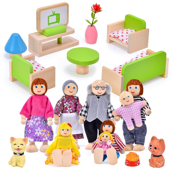 Tacobear Family Dolls Figures Playset Wooden Doll House Furniture Dollhouse Living Room Accessories Set of 8 People and 2 Pets Pretend Play Toy Gifts for Kids Children