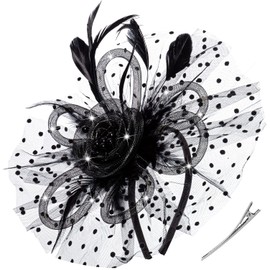 AGITATESAND Black LED Light up Fascinator Hats Kentucky Fascinator Derby Flower Headband Feather Mesh Tea Party Wedding Hair Clip for Women