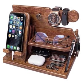 PreQuoro Wooden Smartphone Stand for Men Gift Desk Organizer Watch Accessories Storage Father's Day Birthday Gift