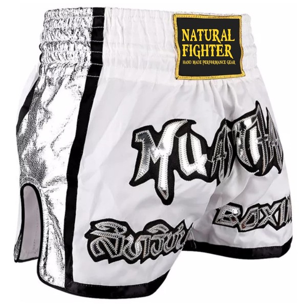 MMASPORT The Fight Evolution Muay Thai Short Satin pour Thai Boxe Kick Boxing MMA Sanda Vale tudo, Blanc, M
