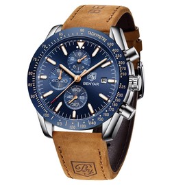 BY BENYAR Mens Watches Analog Quartz Chronograph Waterproof Brown Leather Men's Wrist Watches Business Work Casual Sport Classic Big Face Dress Watch Unique Elegant Gifts for Men